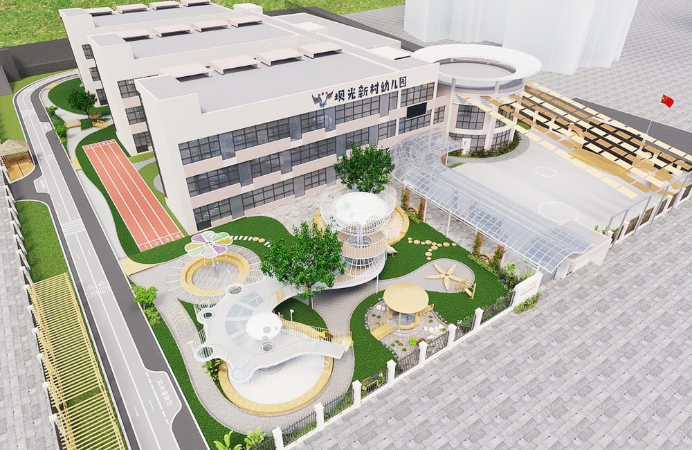 深圳市大鵬新區(qū)壩光新村幼兒園設(shè)計(jì)為“海馬”型外觀(guān)，這次戶(hù)外裝修深受老師與孩子們喜愛(ài)。